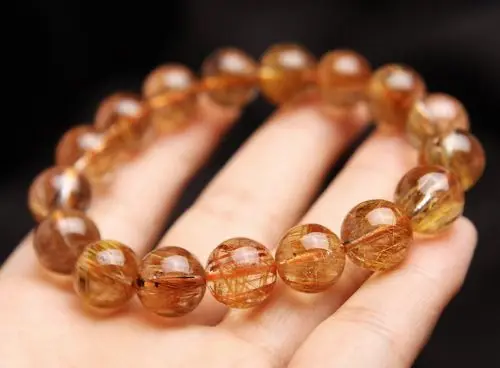 

huij 001671 Top Quality Natural Copper Rutilated Quartz Crystal Bead Bracelet AAAAA