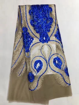 

Royal Blue French African Lace Fabric Guipure Sequined Beaded Cotton Cord Tulle Nigerian Tissu Mesh India Lace For Wedding Dress