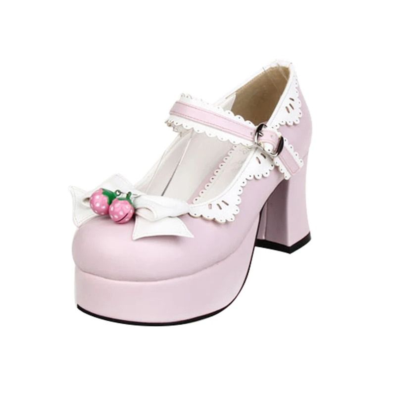Туфли лодочки демисезонные на толстой платформе с клубничным бантом|mary jane pumps|mary