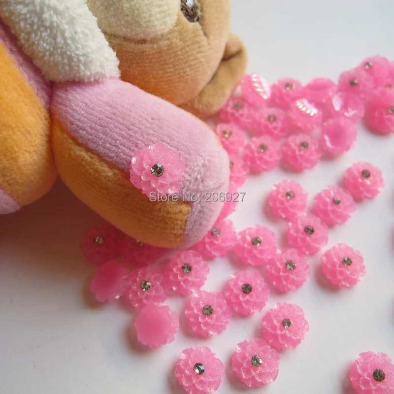 

RF17-3 30pcs Cute Hot Pink Flower with Rhinestone Shape Nail Resin Decoration Outlooking