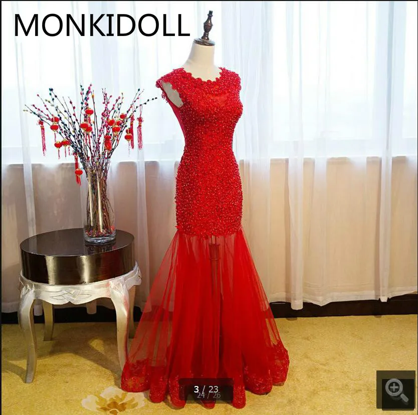 

2017 free shipping mermaid red lace appliques sheer back prom dress beading sexy sleeveless corset prom dresses best selling