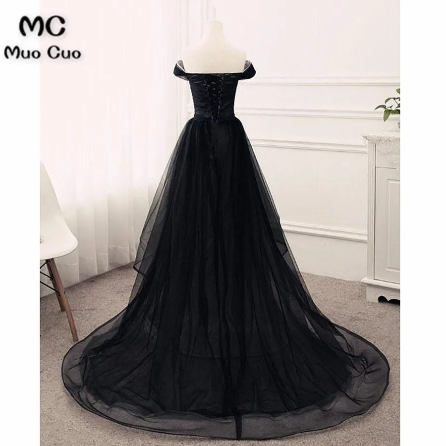 Black Off-The-Shoulder Tulle A-line Long Prom Dress, Evening Dress Featuring Lace-Up Back5