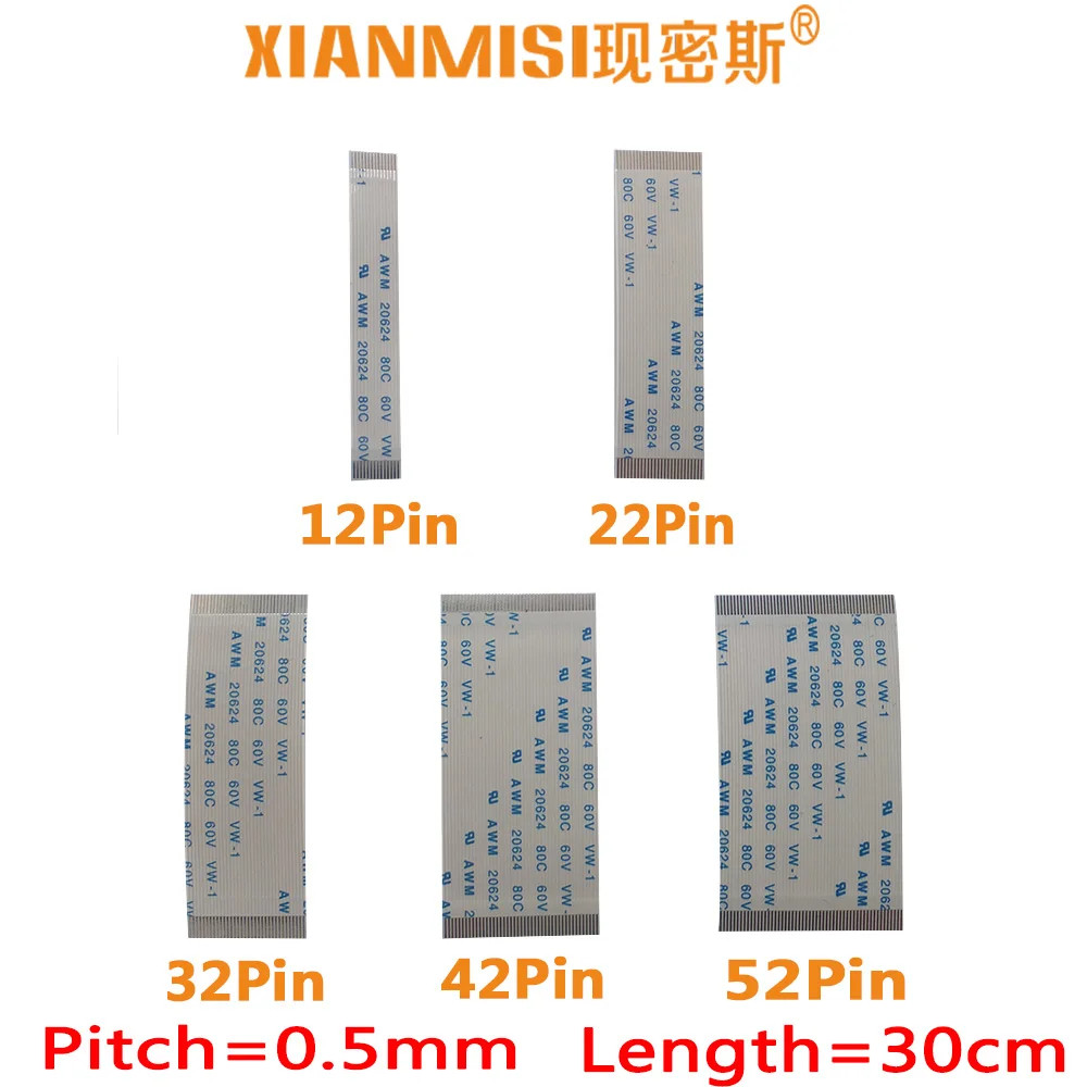 

FFC/FPC Flat Flex Ribbon Cable 12Pin 22Pin 32Pin 42Pin 52Pin Same Side 0.5mm Pitch AWM VW-1 20798 80C 60V Length 30cm 5PCS