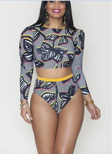 

Women's Long Sleeves Printed High Waisted Bikini Set Bathing Swimsuit