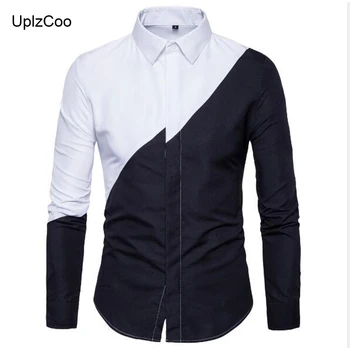 

UplzCoo 2019 New Men Shirt Black And White Stitching Shirt Slim Long-sleeved Shirt Male Fashion Shirt Brand Trend Clothing FM047