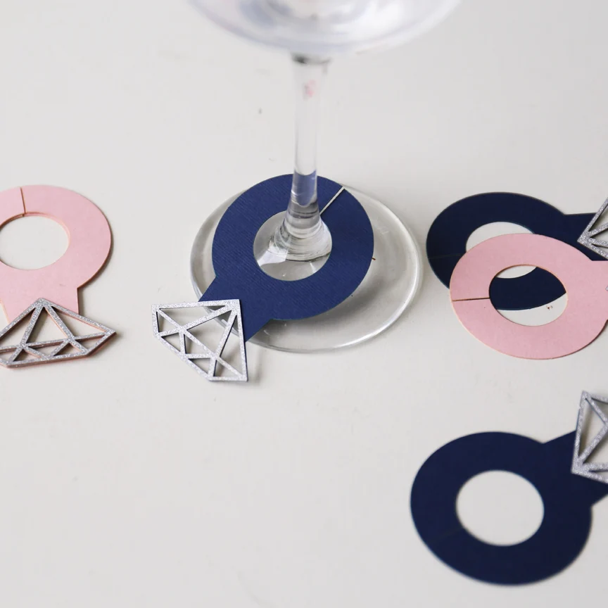 Set of 50 glitter Ring Wine Glass Tags,Engagement Party Decor,Laser Cut