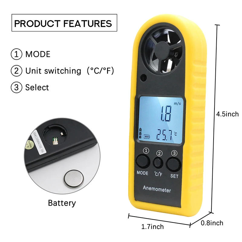 Портативный анемометр, портативный измеритель скорости ветра, датчик ветра, воздушный проточный термометр с ЖК-подсветкой