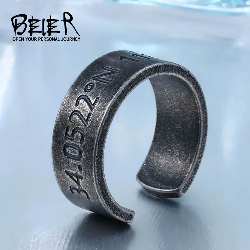 

BEIER man viking Retro latitude and longitude Antique Jewelry Stainless Steel Open Cuff anillos mujer for black ring WR-R091