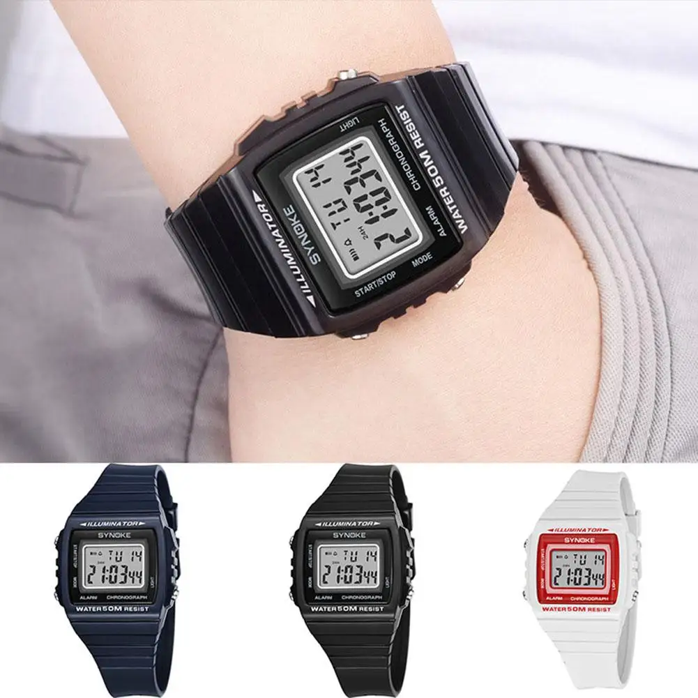 

2018 New Outdoor Men Wrist Watch Waterproof Square Dial Digital Display Calendar Alarm Men's Watch Black Blue White 3 Colors