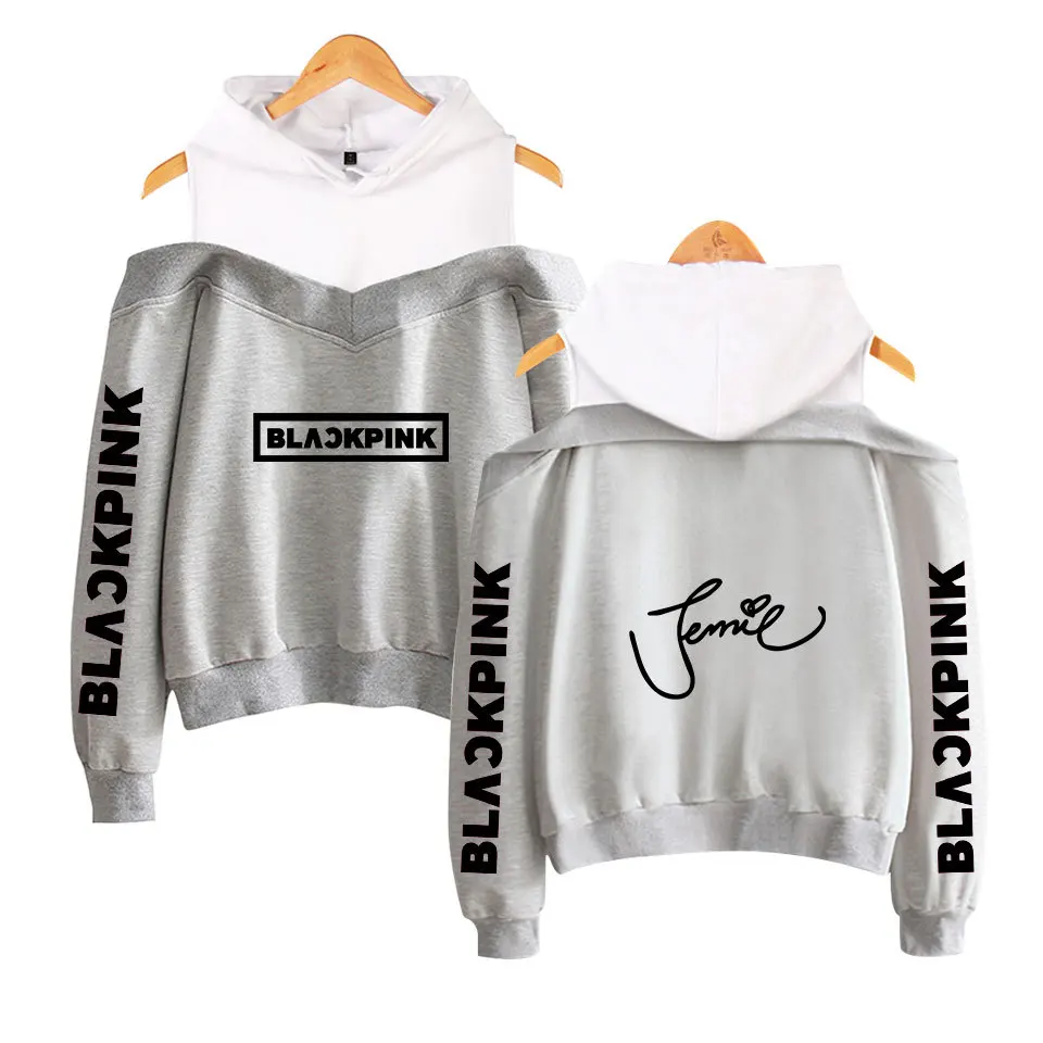 Blackpink grey Новинка Lisa rose jisoo jennie Blackpink с фирменным принтом худи для женщин в стиле пэчворк сексуальное с открытыми плечами черно-розовое худи пуловер - Цвет: Blackpink grey