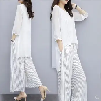 

Fashionable 2 Piece Set Women Casual Three Quarter Batwing Sleeves Tops Ankle-length Pants Striped Women Sets Clothes Brief