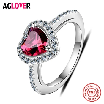 

925 Silver Ring Woman Charm Jewelry AAA Ruby Crystal Heart Ring Gift Of Love