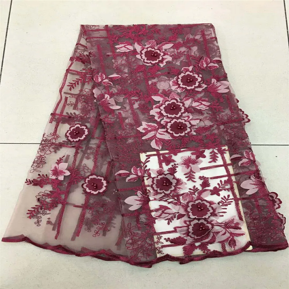 

High Class African French Embroidery Tulle Laces Wine 3d Flower Fabric For Nigerian Party X416-01