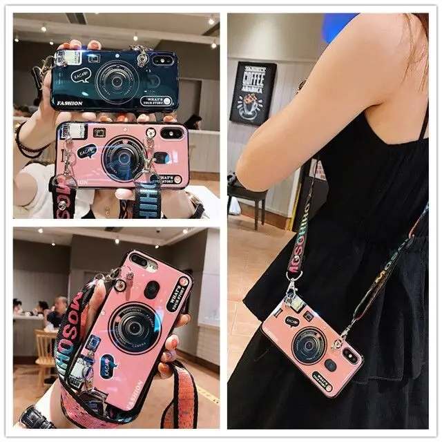 

3D Retro Camera lanyard Case For for Samsung Galaxy A5 A6 A8 A7 2018 A750 A8 plus Fashion Grip Stand Holder Silicone Phone Case