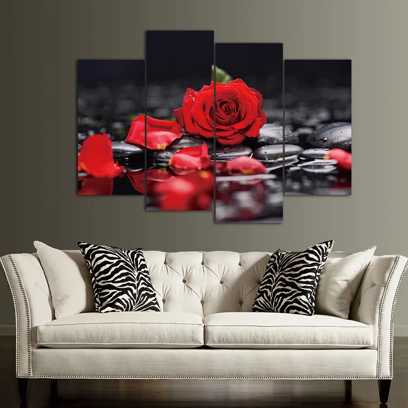 4-Pieces-set-Canvas-Print-Flower-White-Lotus-In-Black-Wall-Art-Picture-with-Modern-Wall (1)
