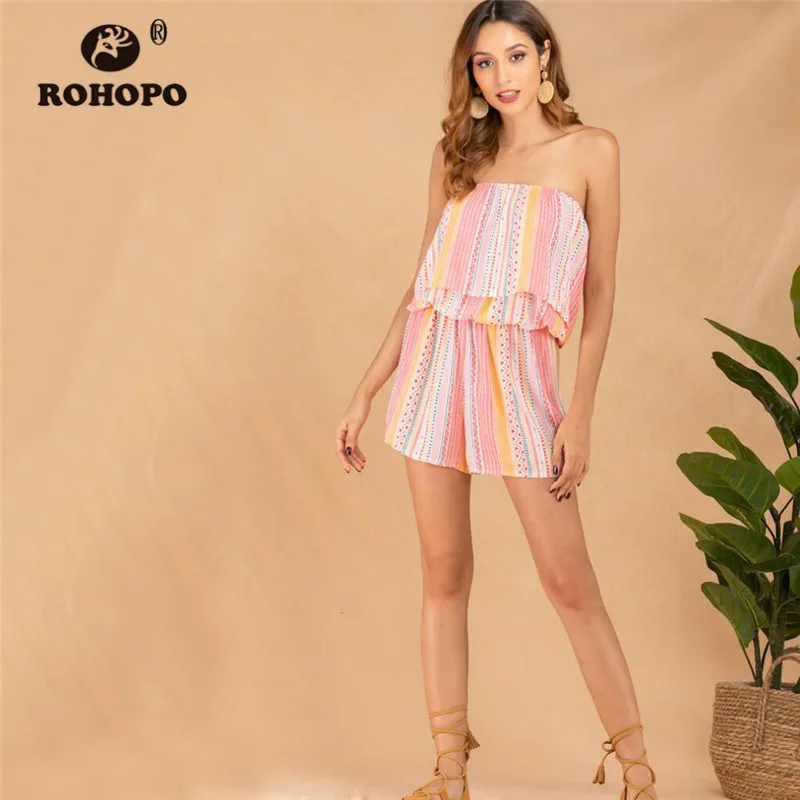 

ROHOPO Women Boho Jumpsuit Summer Off Shoulder Tunic Vintage Holiday Romper Striped Beach Female Summer Mini Playsuit Bowrain