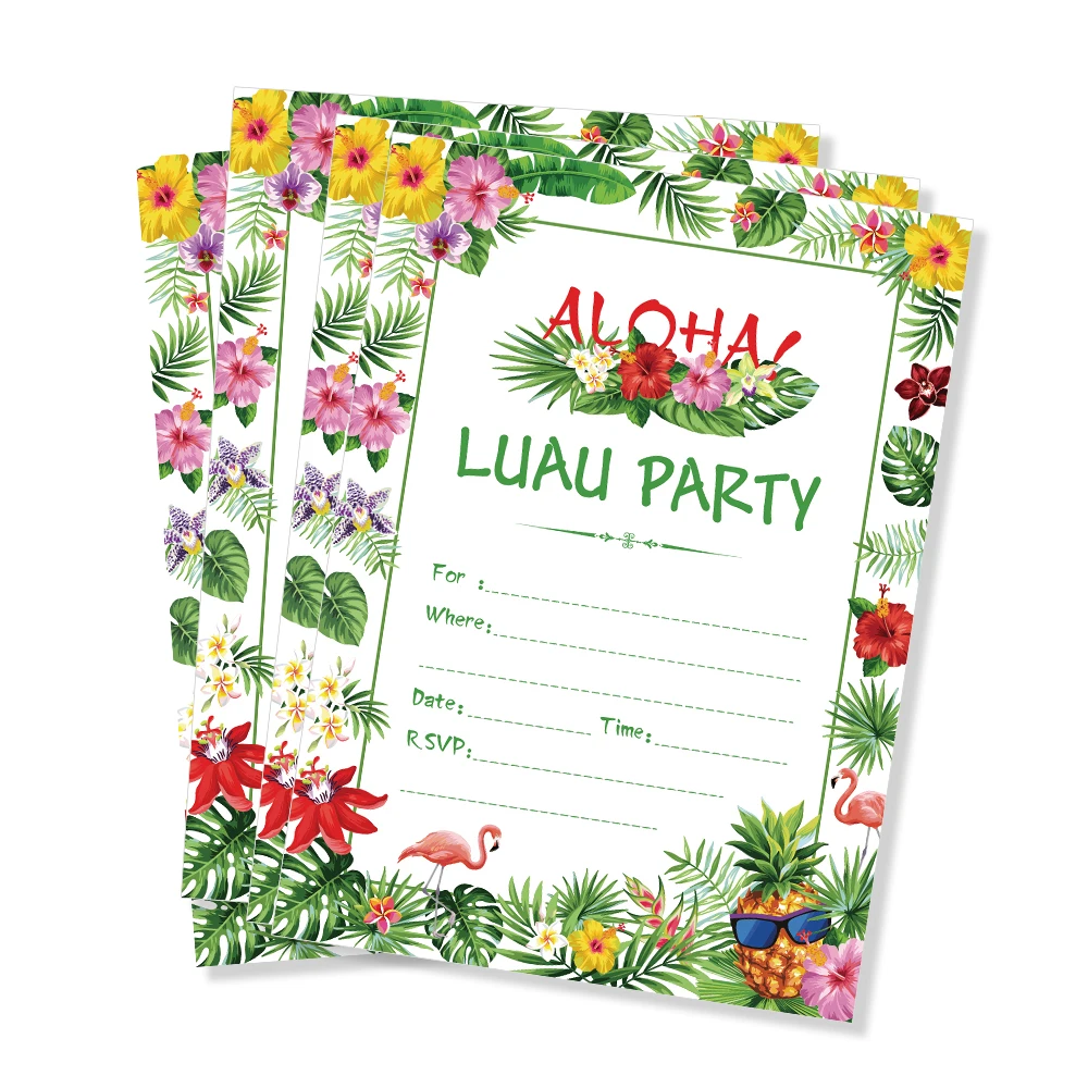 

Hawaii Party Invitations Cards Decorations Luau Theme Party Favors Pink Flowers Green Leaves Cards Aloha Party Supplies