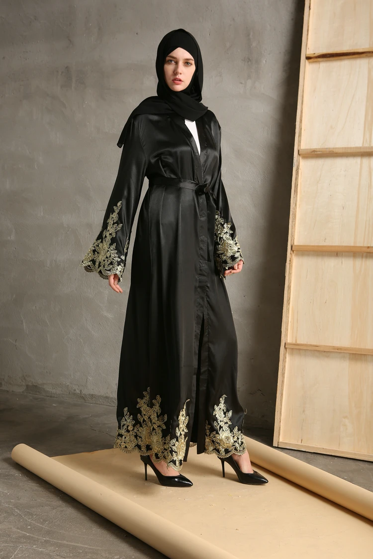 Дубай леди Исламская платье макси Костюмы вышивка Для женщин открытой передней кардиган джилбаба платья абайя Рамадан мусульманин пояс
