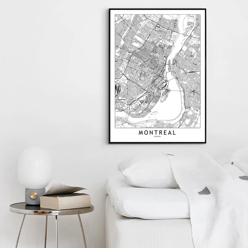 Billig Montreal Schwarz Weiß Custom World Stadt Karte Poster Drucke Nordic Stil Wand Kunst Bilder Wohnkultur Leinwand Malerei