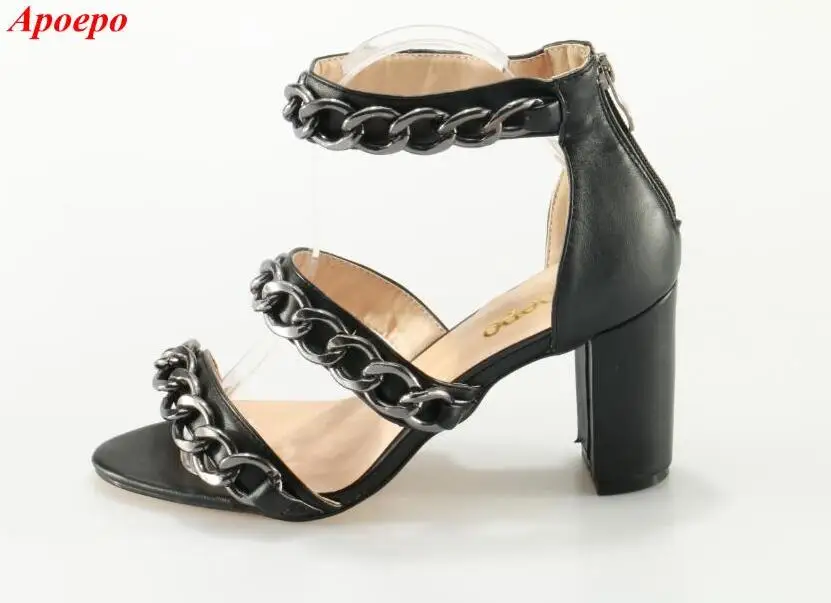 

Sexy Black Leather Chains Decorations Sandals Open Toe Thick Heel Cut-out Gladiator Sandals For Women 2017 Summer Dress Shoes