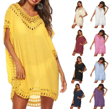 

Swimsuit Beach Women Dress Capes Cover Ups Swimwear Robe Coverup Pure Color Neck Sexy Hollow Loose Smock Skirt Acetate