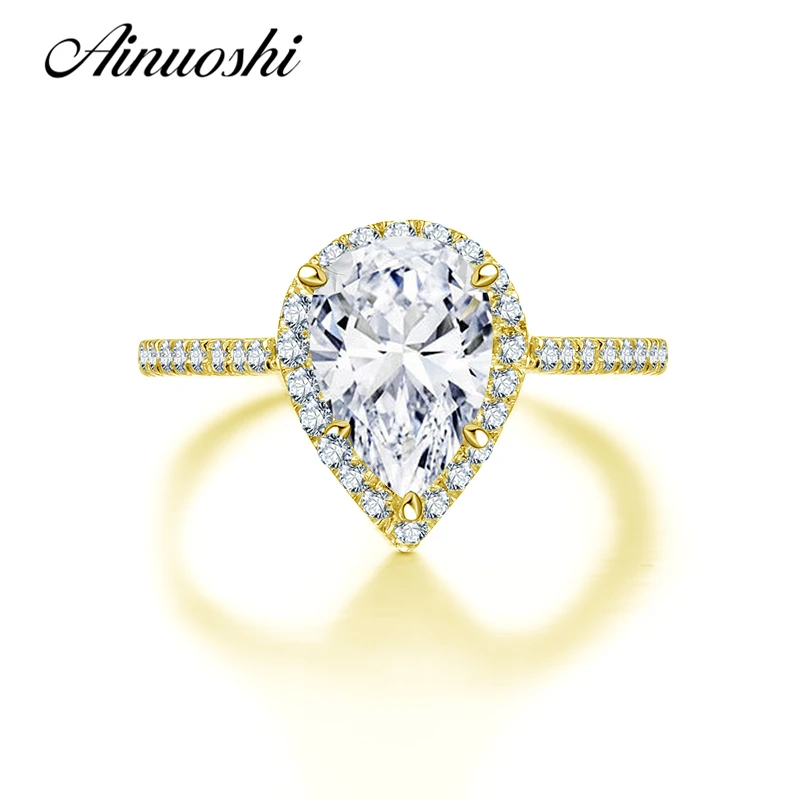 

AINUOSHI 5 Claw Pear Cut Halo Ring 14K Solid Yellow Gold Half Eternity Band SONA Simulated Diamond Women Wedding Engagement Ring