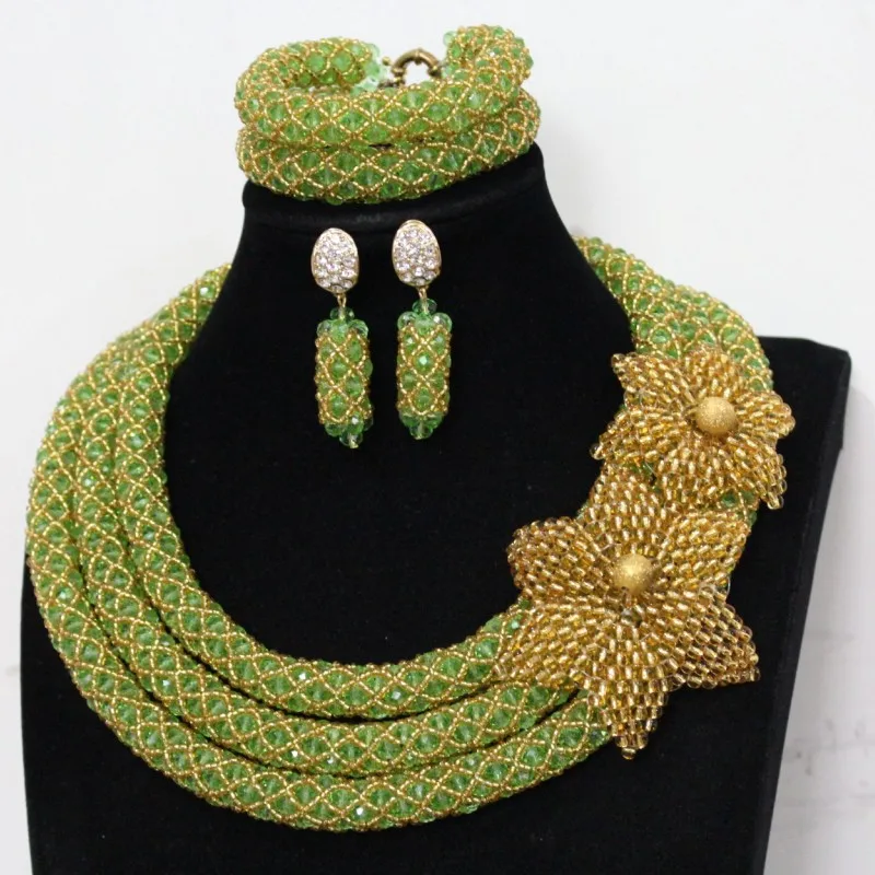 4UJewelry Indian Jewelry Set Apple Green And Gold Beaded Flowers 