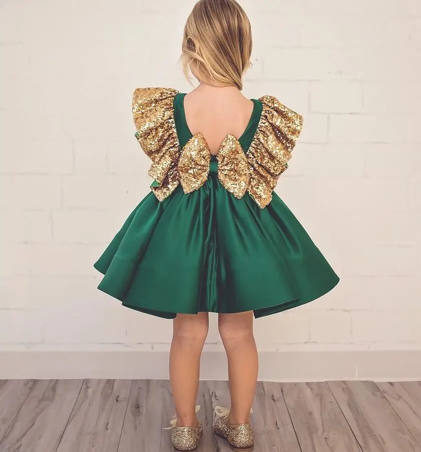 Vintage Emerald Green Backless Flower Dress With Golden Vintage Emerald Green Backless Flower Dress With Golden Sequins Knee Length Short Baby 1 Year Birthday Gowns Bow In Dresses From Mother Kids