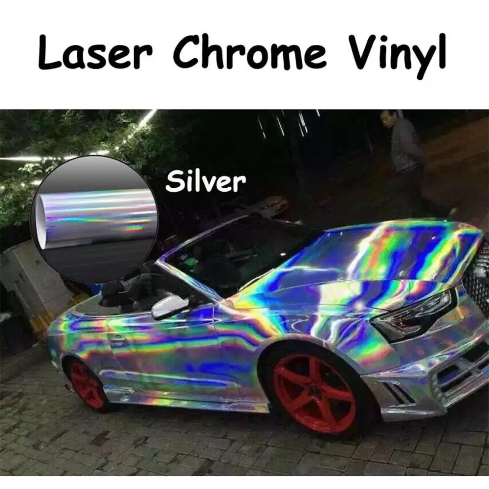 

Silver Holographic Laser Chrome Iridescent Vinyl Wrap Car Film Air Bubble Free 1.49 x 1m
