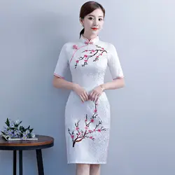 2018 Новая мода по колено Cheongsam китайский стиль воротник стойка платье женские летние Qipao Тонкий платья для вечеринок Vestido