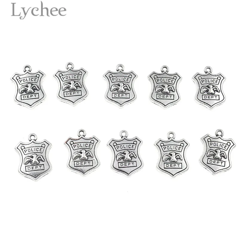 

Lychee 10pcs Trendy Alloy Police Department Badge Pendant Fashion Silver Color Carved Charms DIY Handmade Jewelry Supplies