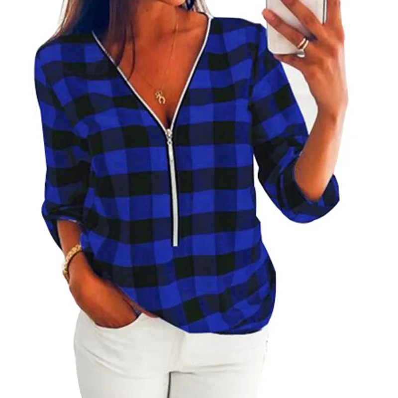 

Spring New Women Fashion 2019 V-Neck Zipper Plaid Blouse Bluasa Femeninas Shirts Causal Long Sleeve Shirts 3XL Plus Size M0580