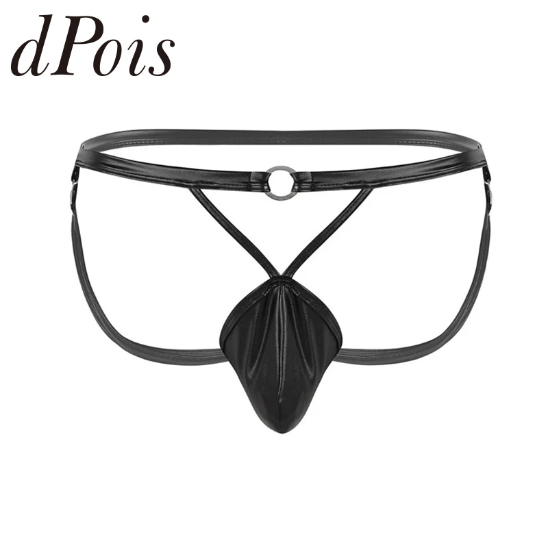 

Mens Faux Leather Lingerie Low Rise Open Butt Bulge Pouch Strappy Jockstrap Bikini G-string Briefs with Metal O-Rings Underwear