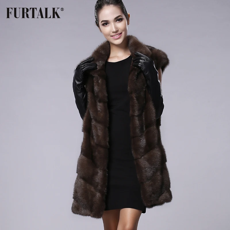 FURTALK 100% Настоящее Жилетка Норки Длинные Зимы Женщин Меховой Жилет Высокое