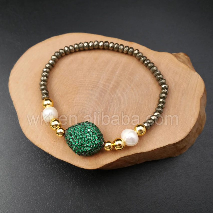 

WT-MB021 Wholesale Custom Unique Cubic Zircon Pave Solid Pendant Bracelet With Adjustable Size Pyrite Beads Chain For New