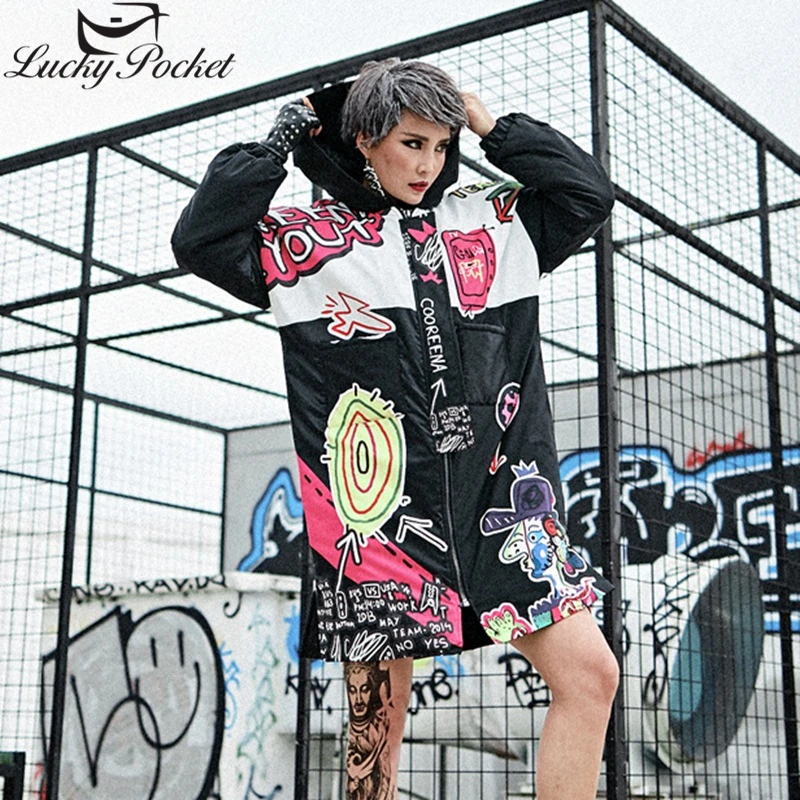 

Women Winter New Thick Warm Black Hooded Parkas Female Fashion Cartoon Print Long Jacket Plus Size Loose Street Style Coat Z498