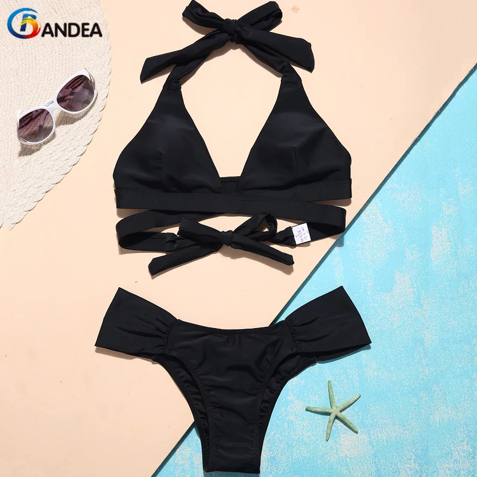 

BANDEA Women Bikini Set Solid Black Swimwear Padded Removable Swimsuit Criss Cross Bathing Suit Summer Halter Trajes De Bano