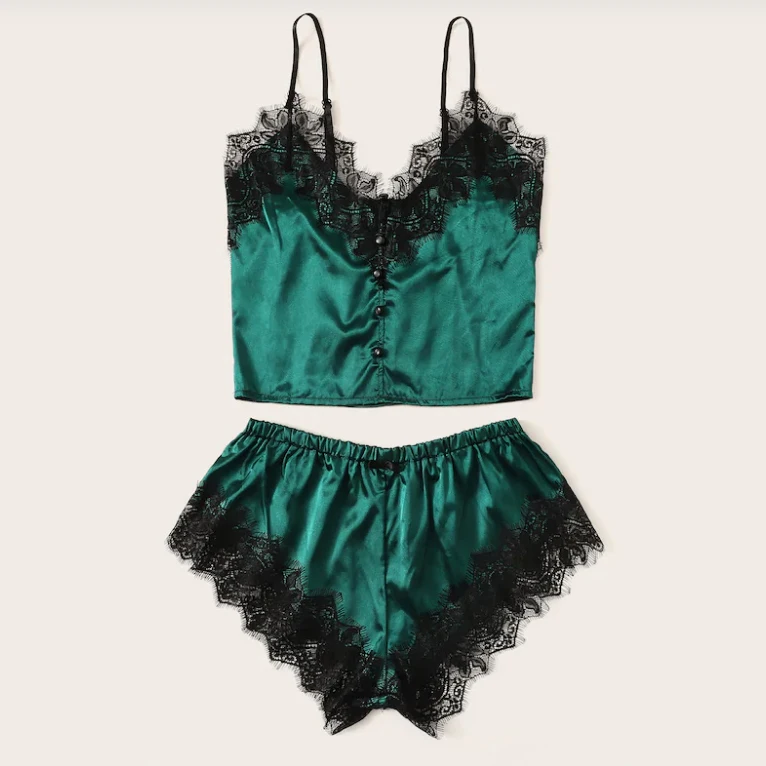 

2pcs set Women Sexy lingerie Satin Lace Pajamas set Sleepwear Plain Casual PJ Set Underwear Sleepwear Night suit pyjama femme