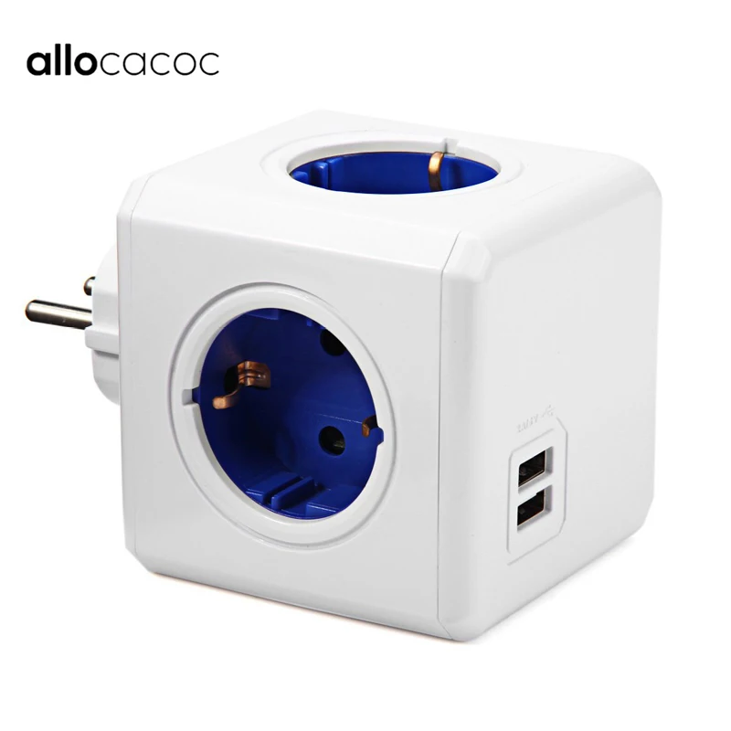 Продажа Allocacoc мощность Cube ЕС Plug 4 розетки 2 Порты usb travel Adapter мощность расширение полосы умный дом Multi Switched разъем синий