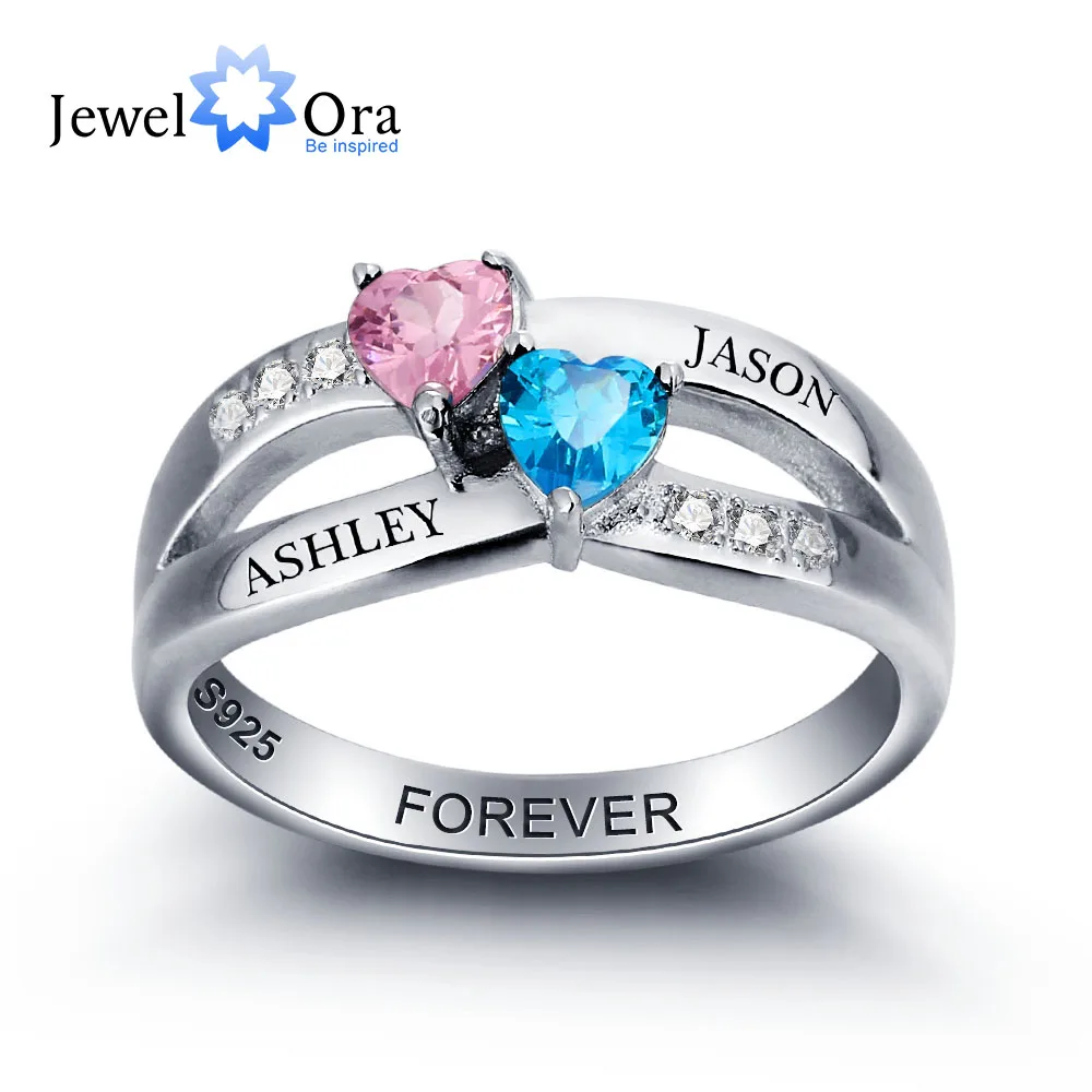 Personalized Engrave Birthstone Couple Heart 925 Sterling Silver Love Promise Wedding Ring Free Gift Box (JewelOra RI102000)
