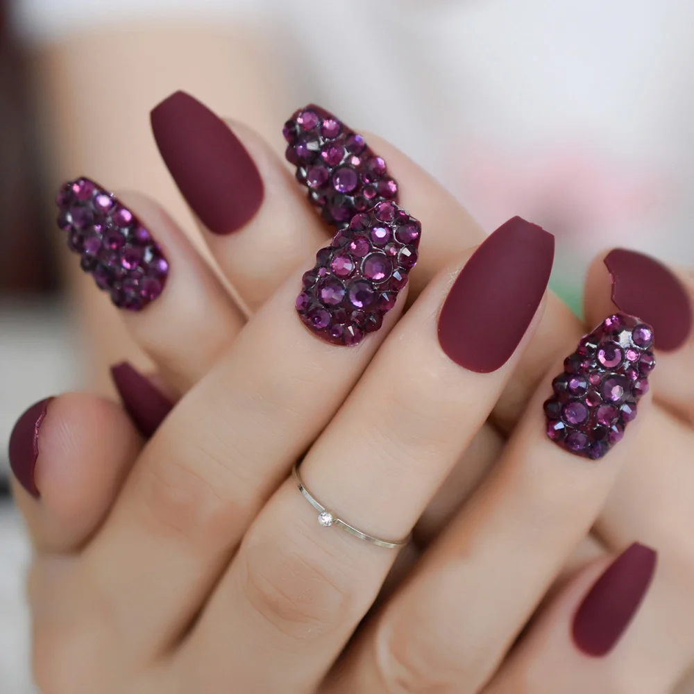 

Rhinestone Frosted Coffin Nails Maroon Color Diamond Decoration Pre-designed Artificial Acrylic Nails Press On Nails 24