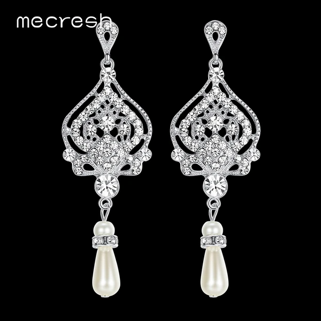 Mecresh Simulated Pearl Chandelier Wedding Earrings For Women Silver Mecresh Simulated Pearl Chandelier Wedding Earrings For Women Silver Color Crystal Party Hanging Brincos Jewelry