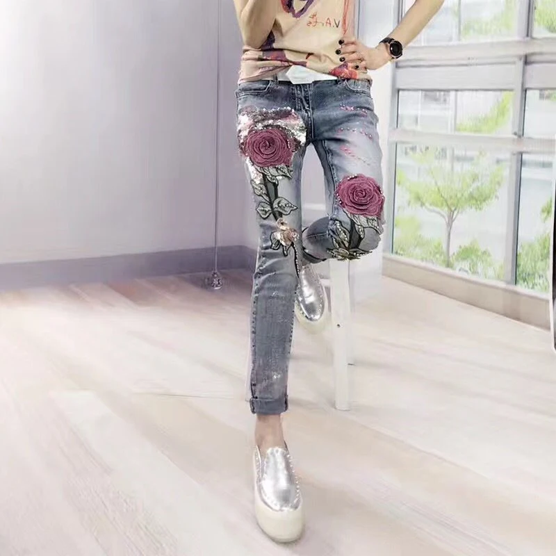 Europe Style Jeans Women Slimming Boyfriend Trousers Slim Rose Embroidery Gold Fashion Sequins Spring and Autumn Denim Pants Europe Style Jeans Women Slimming Boyfriend Trousers Slim Rose Embroidery Gold Fashion Sequins Spring and Autumn Denim Pants