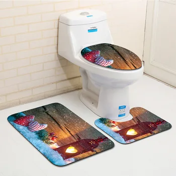 

3Pcs/Set Christmas Bathroom Decor Toilet Mat Flannel Suction Non-slip Bathroom Carpet Bath Rugs and Mats