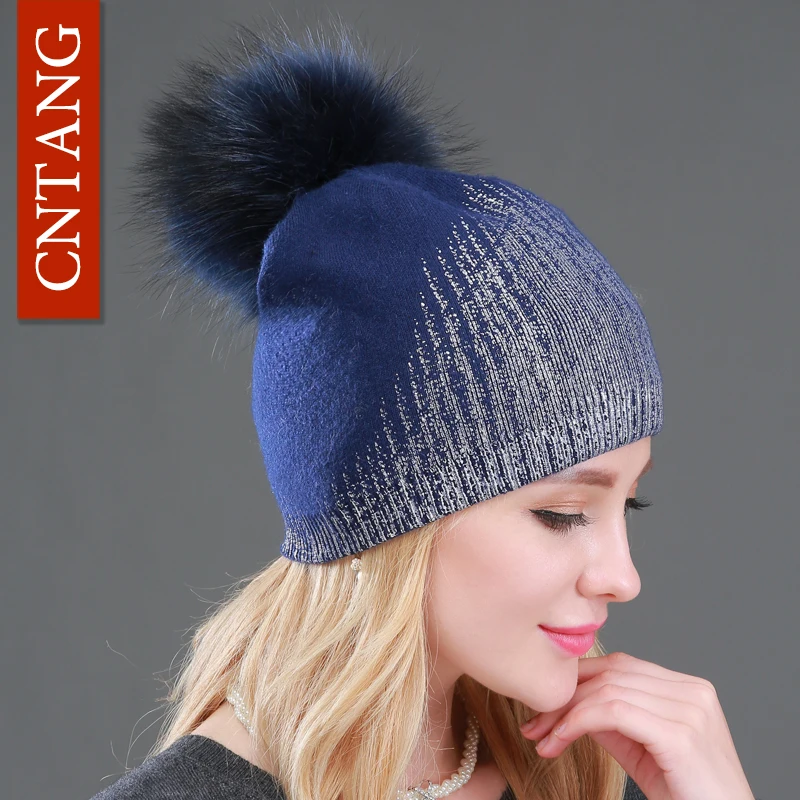 2024 New Winter Beanies Ladies Knitted Wool Warm Hats Fashion Pom Pom Real Raccoon Fur Caps Skullies Hat For Women Print Fur Cap 4