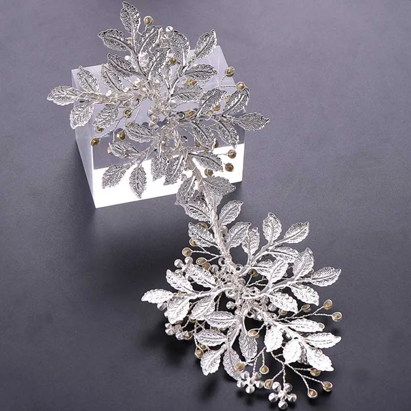  Luxury Silver Leaf Crystal Bridal Tiaras Headpiece Ethnic Handmade Bride Hair Band Headband Wedding
