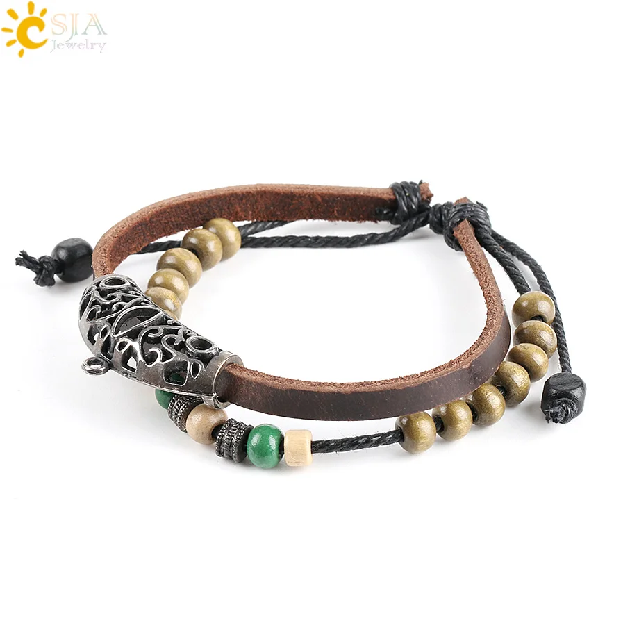 

CSJA Adjustable Length Women Wood Beads Bracelet Cow Leather Boho Jewelry Multi Layer Ethnic Charm Bracelet Wax Rope Buckle P033
