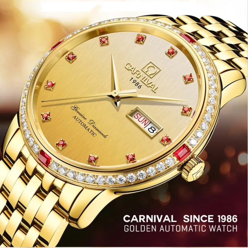 

CARNIVAL Luxury Gold Watch Top Brand Automatic Watch Men Calendar Week display Sapphire Artificial Gemstone mechanical watches