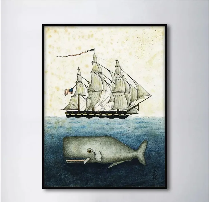 

European Sailing Boat and Sperm Whale Decorative Paintings Modular Picture Wall Art Canvas Painting for Living Room No Framed
