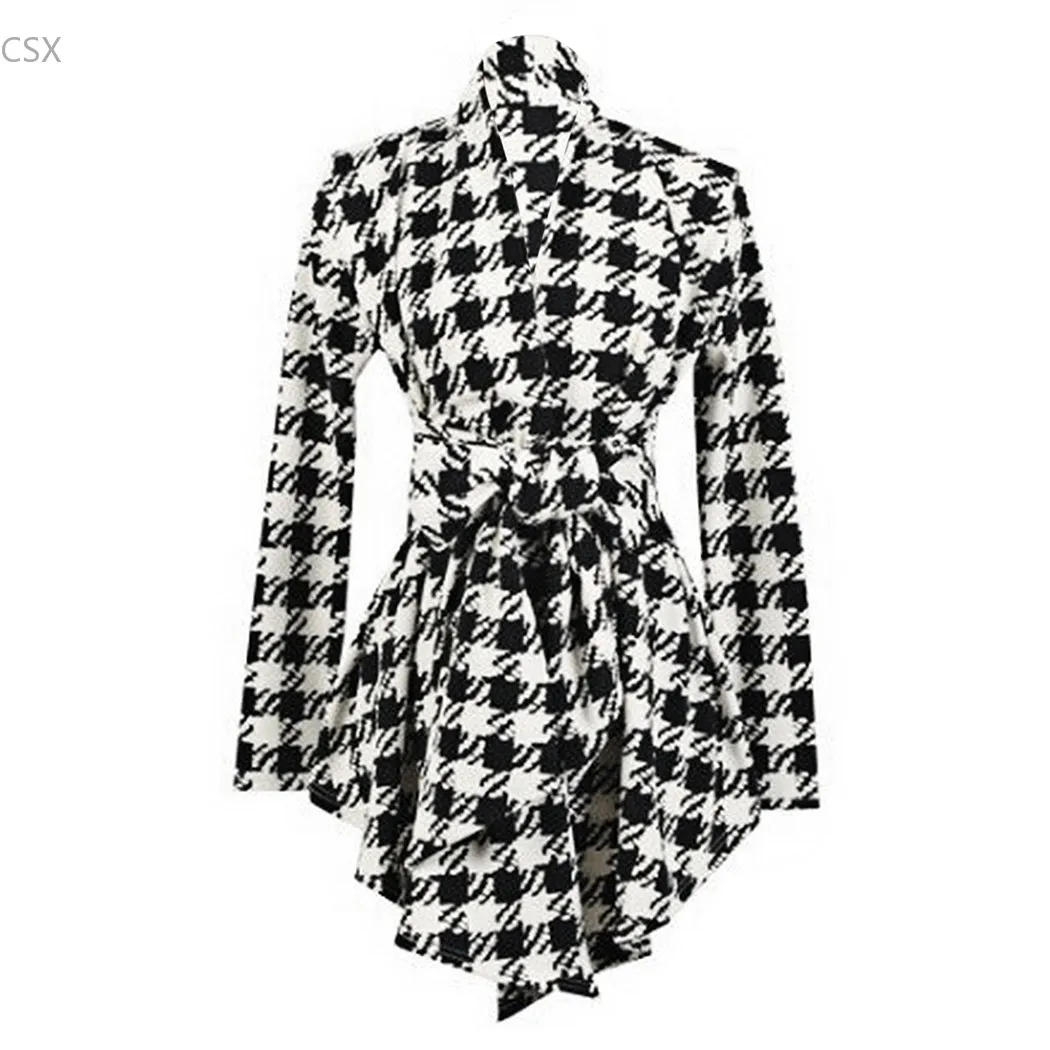 

MwOiiOwM Fashion New Women Long Sleeve Jacket Houndstooth Print Cardigan Open Stitch Belt Peplum Slim Coat Tops Outerwear 25